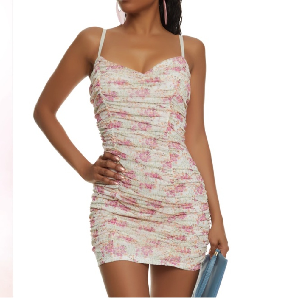 Haute Monde Floral Printed Ruched Mini Dress